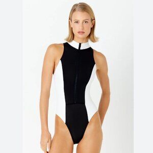 COPY - Gigi C Tessa One Piece Zip Front Swinsuit. NWT size L. Black/White. RP$…